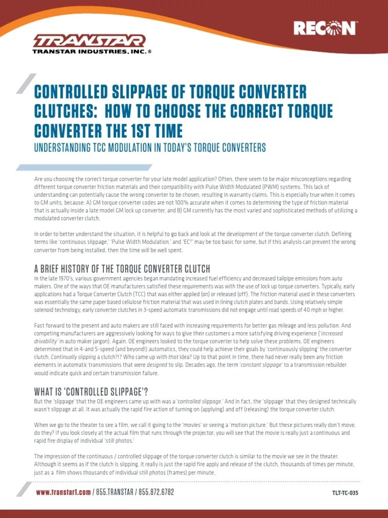 Controlled Slippage of Torque Converter Clutches How To Choose The Correct Torque Converter The