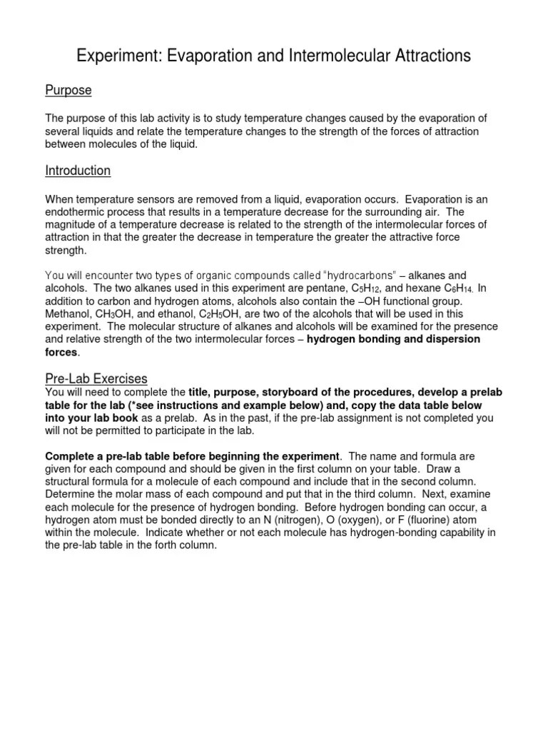 Experiment Evaporation and Intermolecular Attractions Purpose PDF Alkane Chemical Compounds