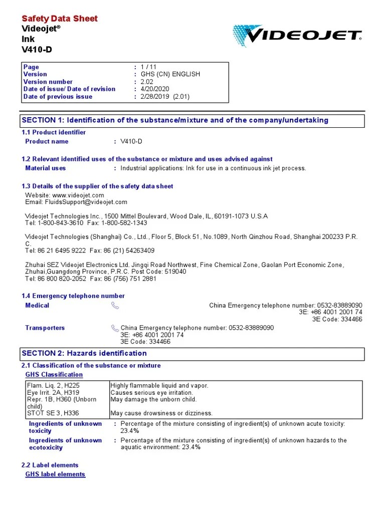 Videojet Ink Safety Data Sheet PDF Firefighting Toxicity