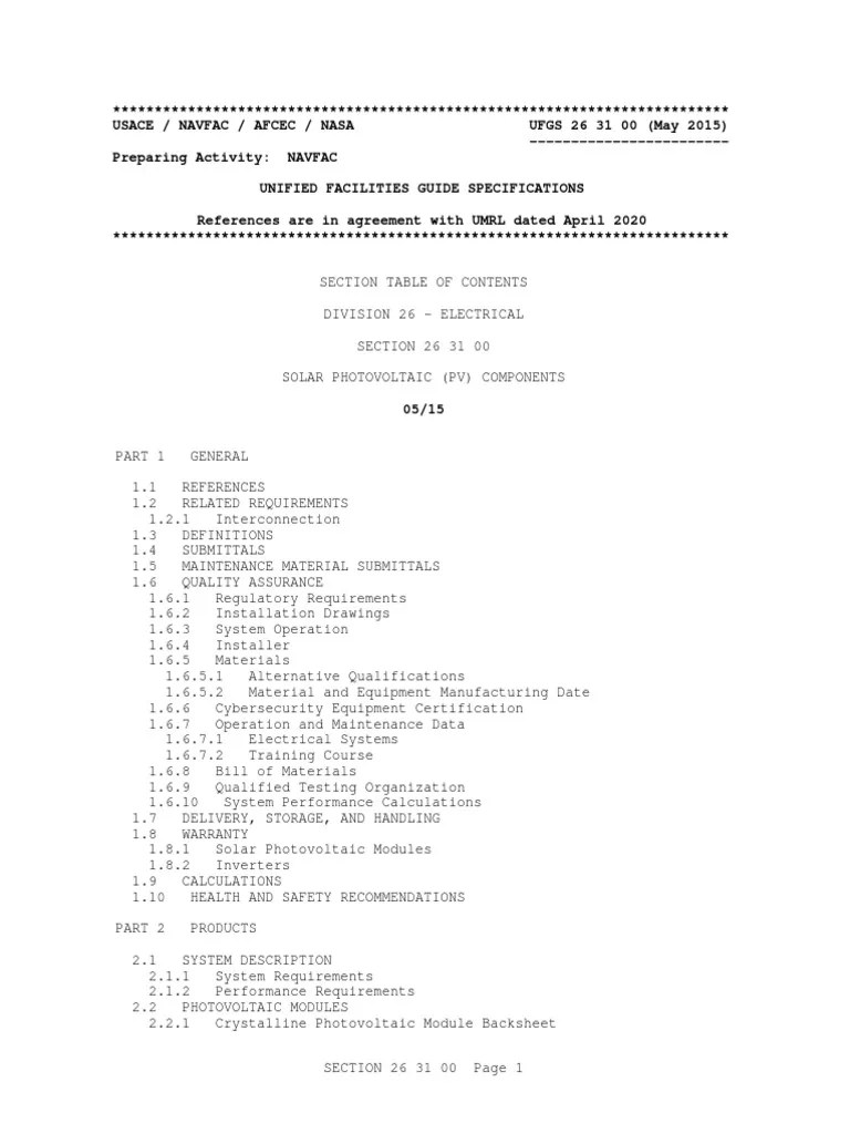 UFGS Solar Panel Specification PDF Photovoltaic System Photovoltaics
