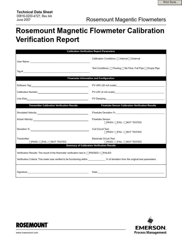 Technical Data Sheet Rosemount Flowmeter Calibration