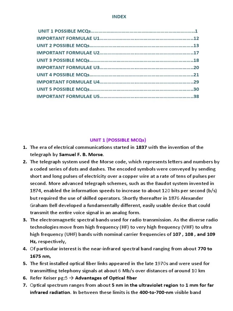 Index of Key Concepts and Formulas for an Optical Communication Systems Course PDF Optical