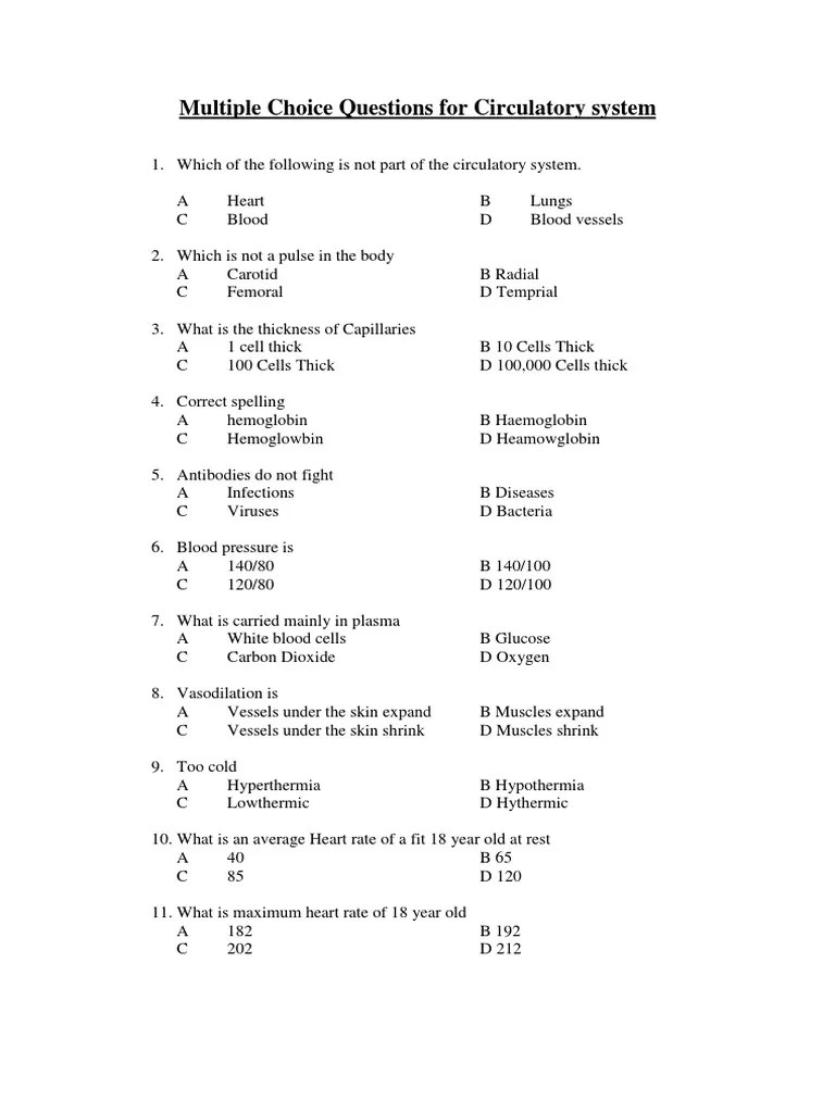 Circulatory System Questions PDF PDF Artery Heart
