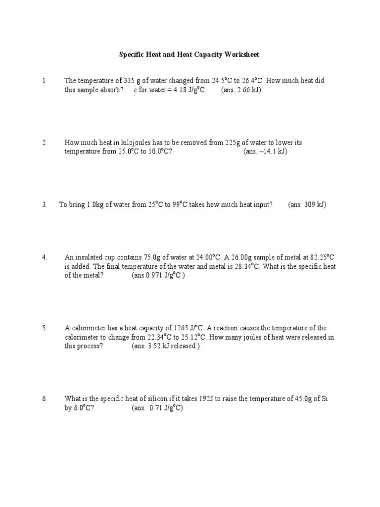 Calculating Specific Heat Worksheet