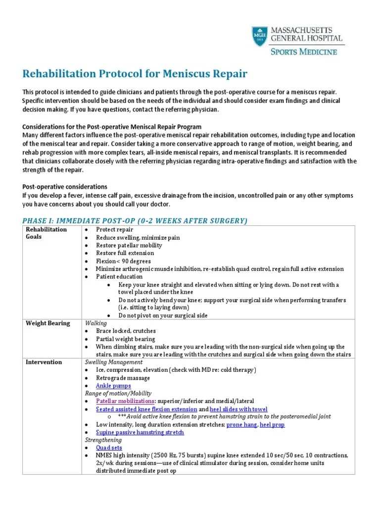 Rehabilitation Protocol For Meniscus Repair PDF Anatomical Terms Of