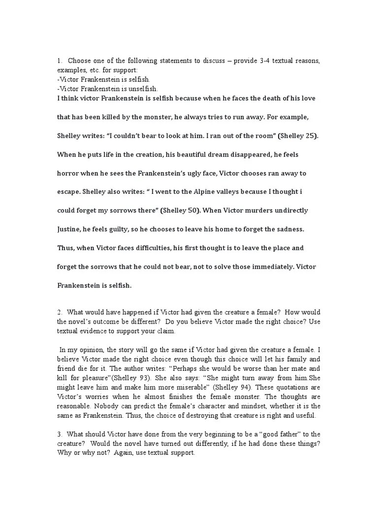 Seminar Questions PDF Frankenstein Mary Shelley