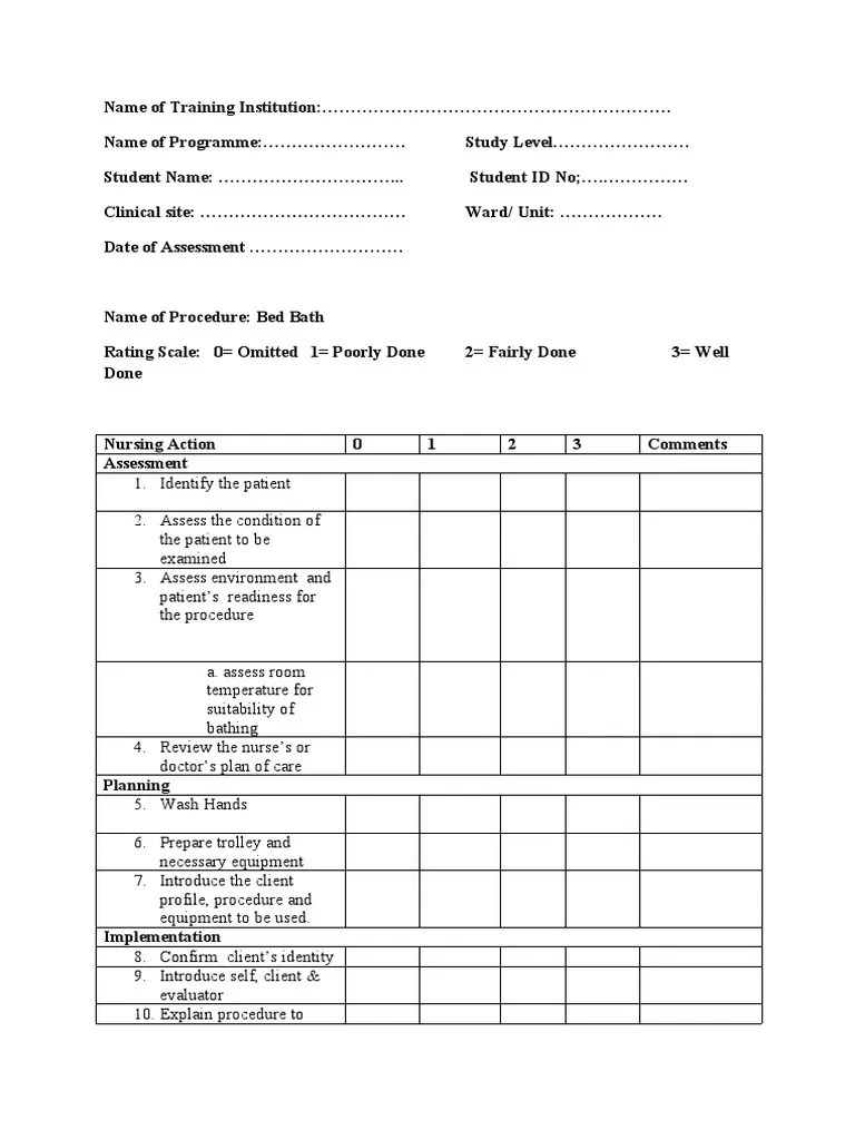 Bed Bath Procedure Assessment Form Evaluating a Student Nurse's