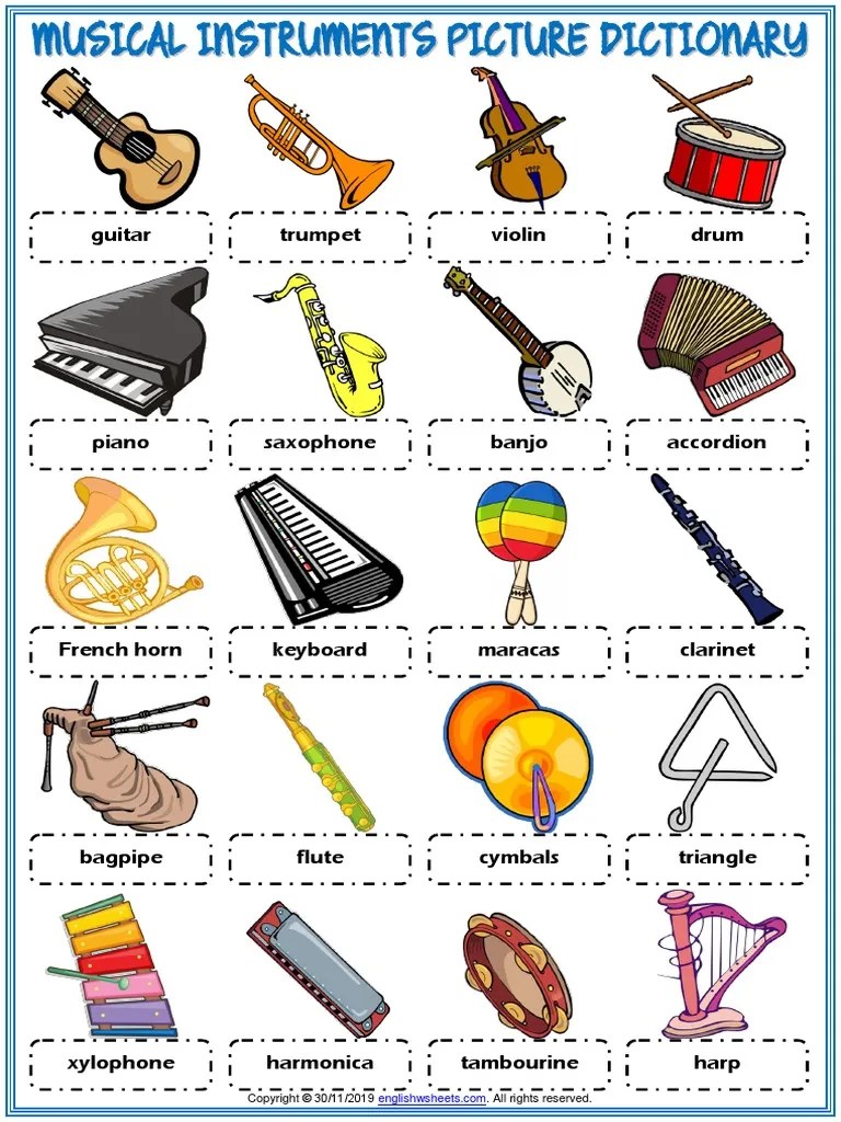 Musical Instruments Vocabulary Esl Picture Dictionary Worksheet For