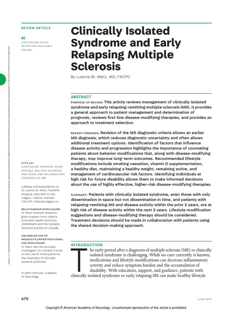 Clinically Isolated Syndrome and Early Relapsing.8 PDF Multiple Sclerosis Medical Diagnosis