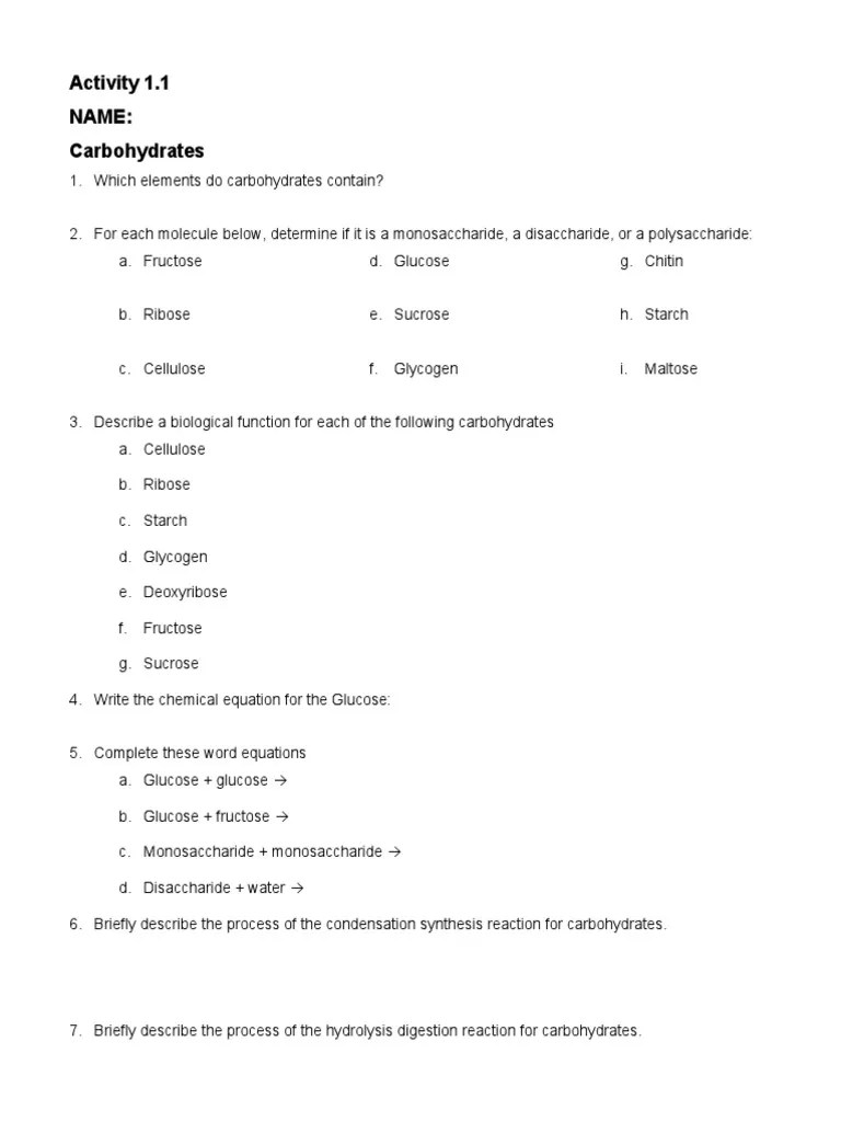 Carbohydrates Worksheet | PDF