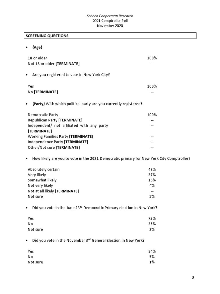 Schoen Cooperman Research NYC Comptroller Poll PDF Democratic Party