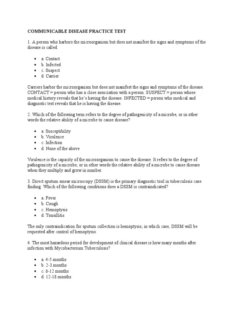 Communicable Disease Practice Test PDF Unrest Diseases And Disorders