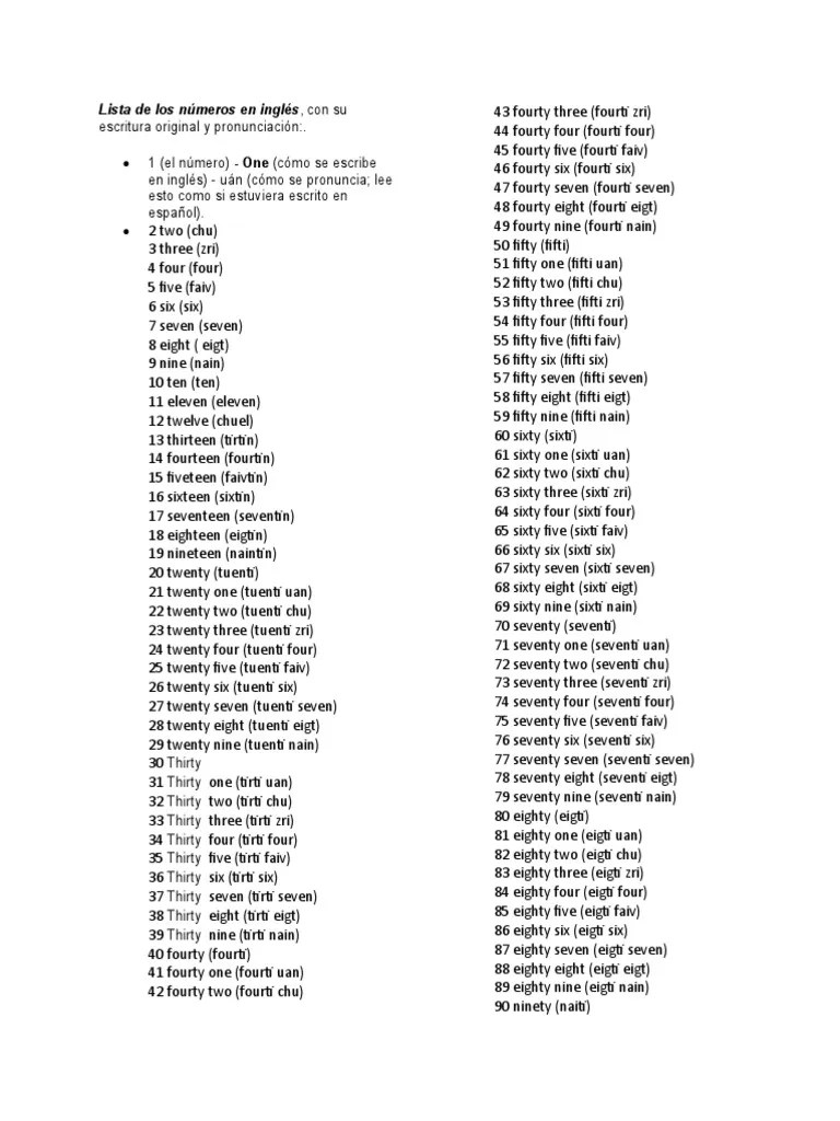 Lista de los números en inglés