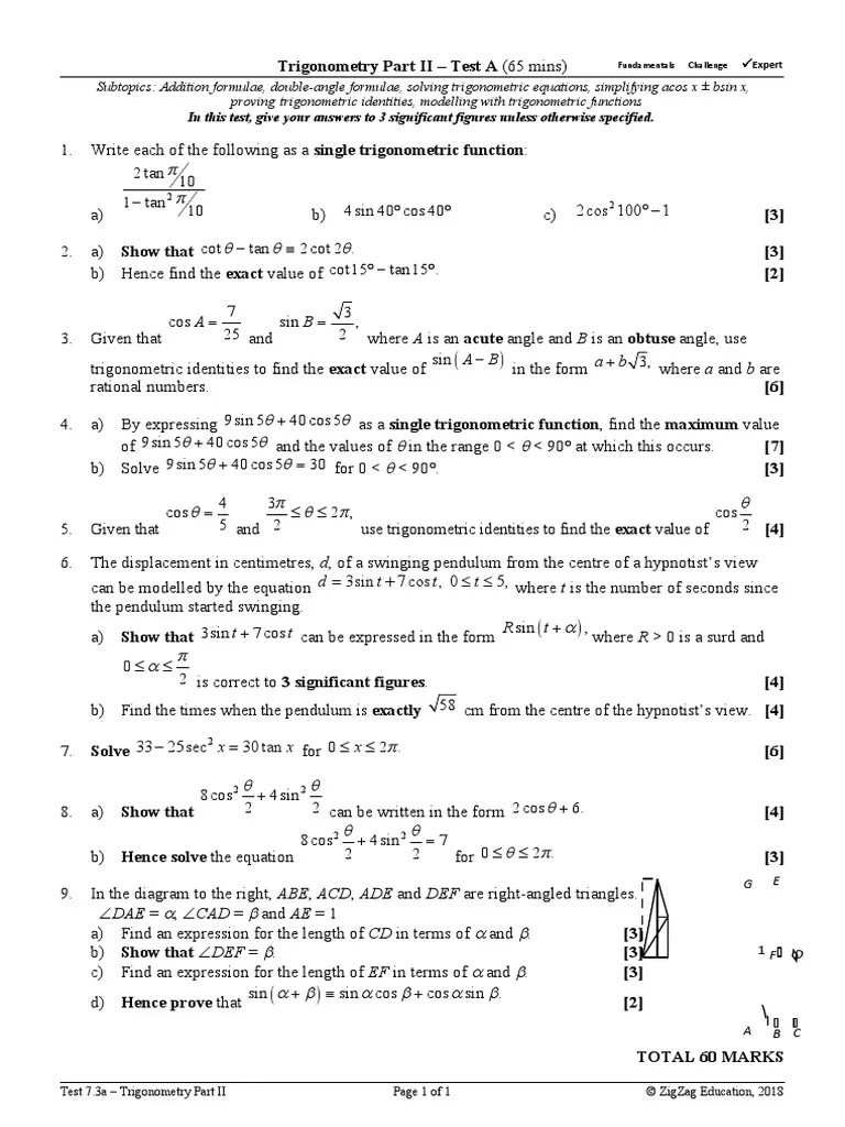 7.3a Trigonometry Part II Questions | PDF | Trigonometric Functions | Sine
