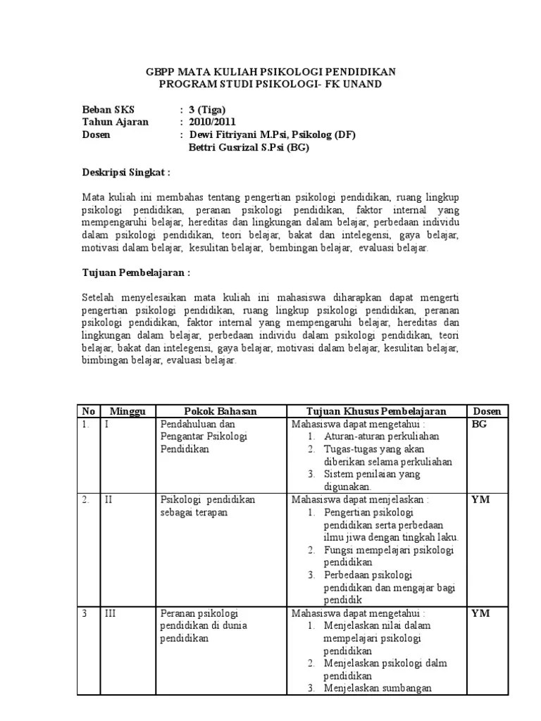SILABUS MATA KULIAH PSIKOLOGI PENDIDIKAN