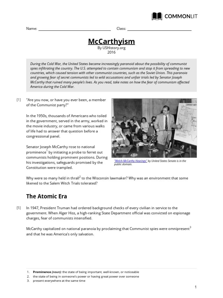 Commonlit Mccarthyism Student PDF Joseph Mc Carthy American