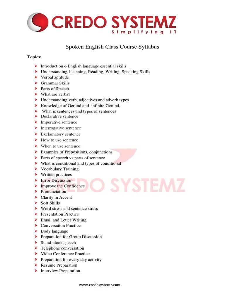 Spoken English Class Course Syllabus PDF