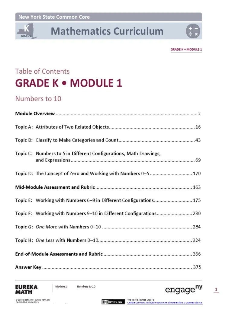 Grade K Module 1 Mathematics Curriculum PDF Common Core State