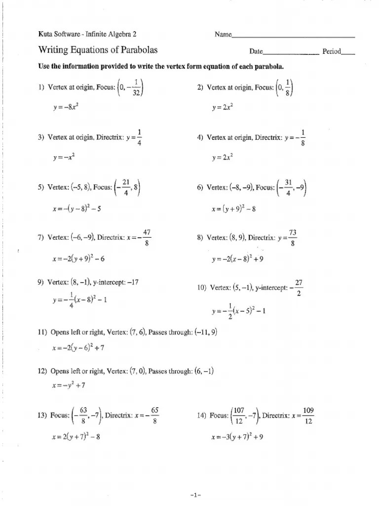 Writing Equations of Parabolas Answer Key PDF