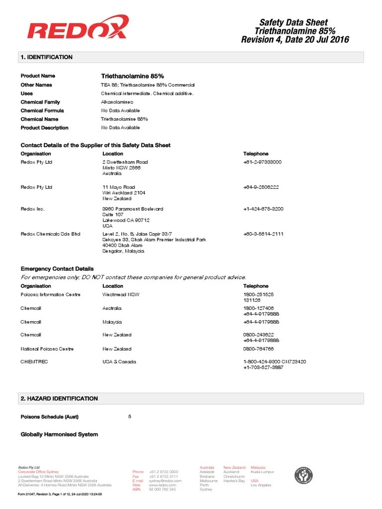 Safety Data Sheet Triethanolamine 85 Revision 4, Date 20 Jul 2016