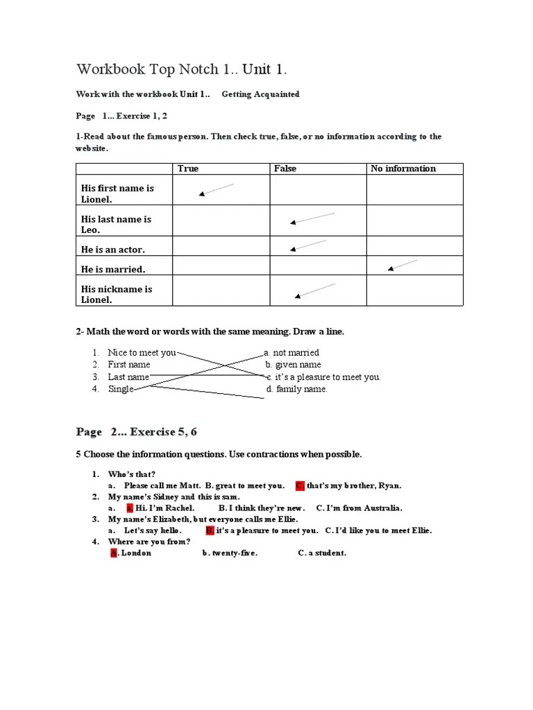 Workbook Top Notch 1.. Unit 1 PDF