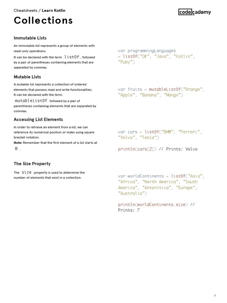 Learn Kotlin Collections Cheatsheet Codecademy PDF Computer