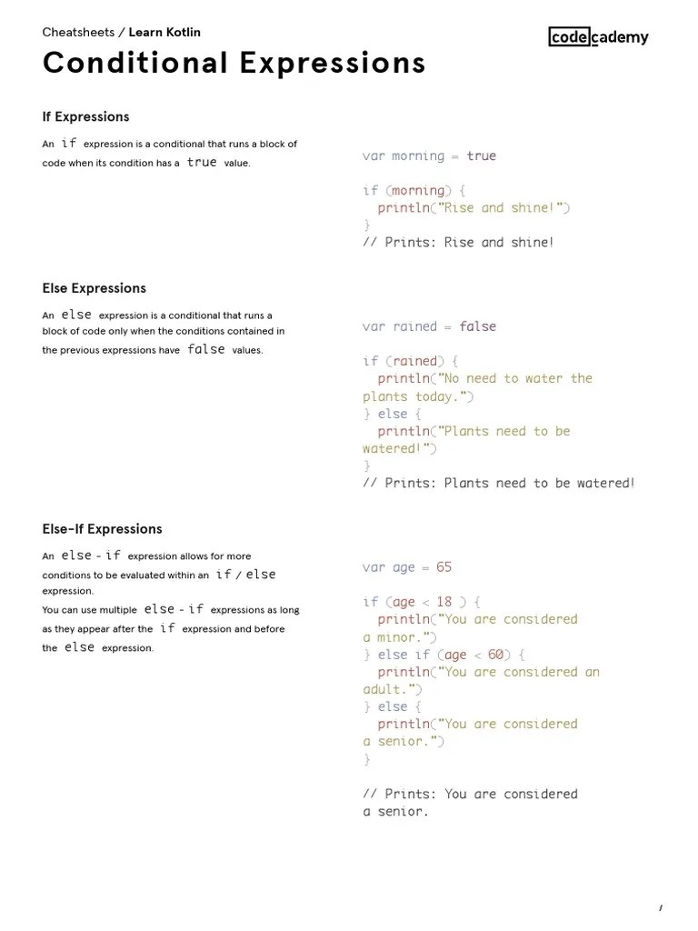 Learn Kotlin Conditional Expressions Cheatsheet Codecademy PDF