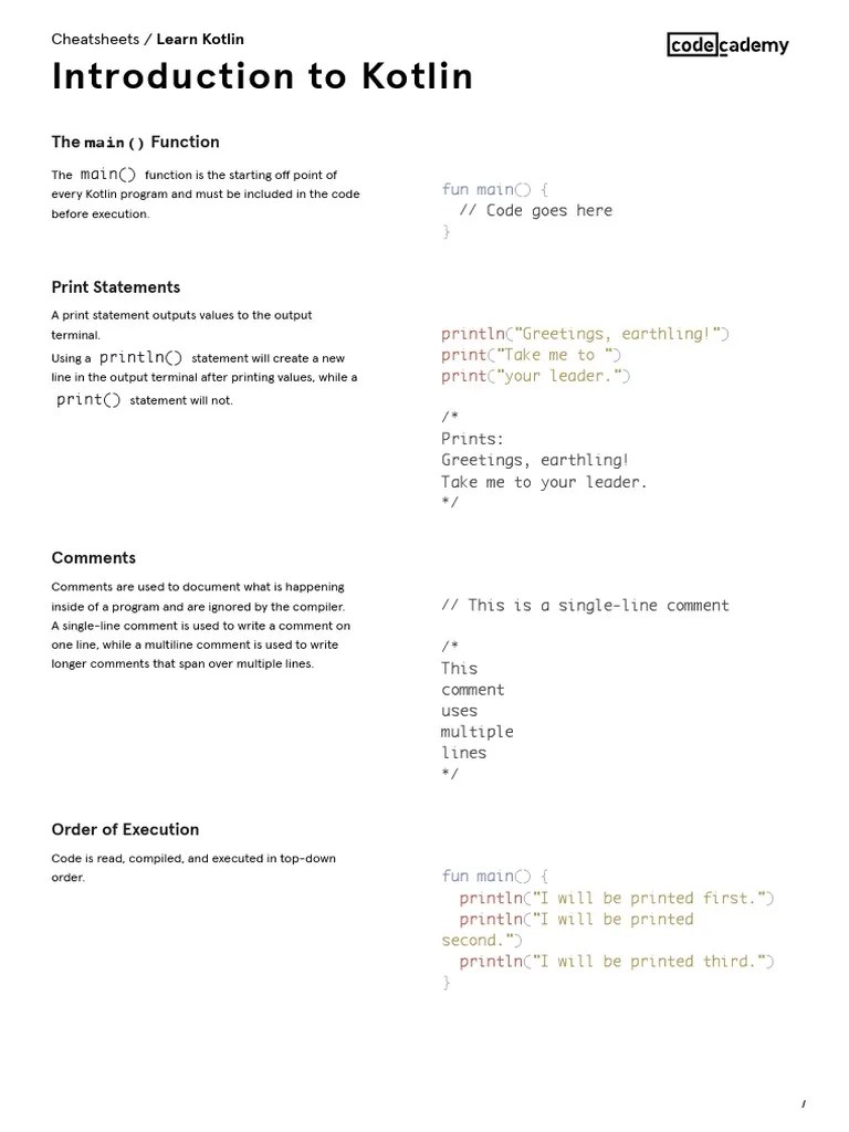 Learn Kotlin Introduction To Kotlin Cheatsheet Codecademy PDF