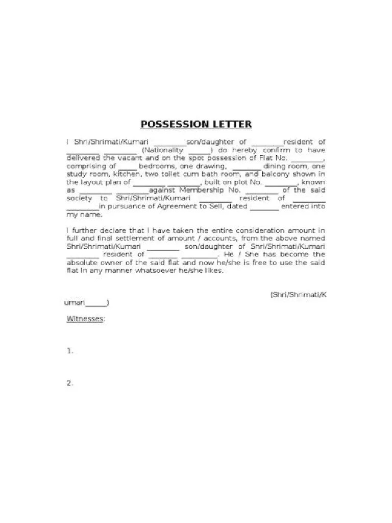 Possession Letter Template PDF