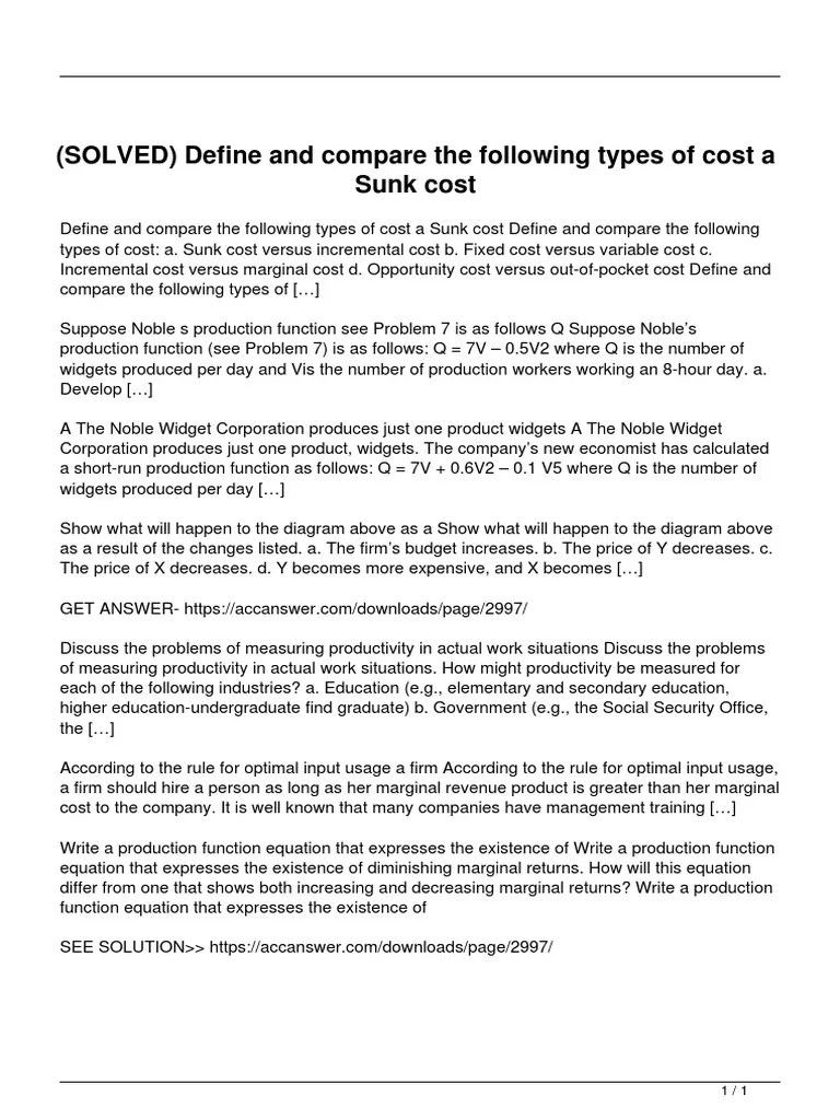 Solved Define and Compare The Following Types of Cost A Sunk Cost PDF Production Function