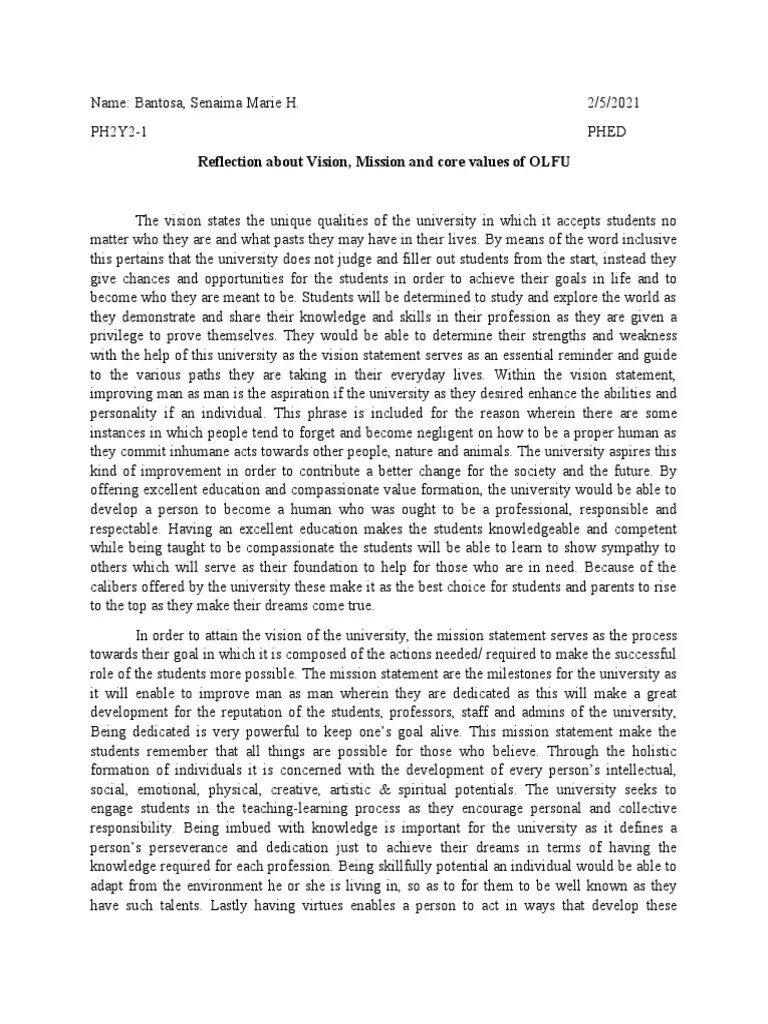 Vision Mission and Core Values of OLFU PDF University Goal