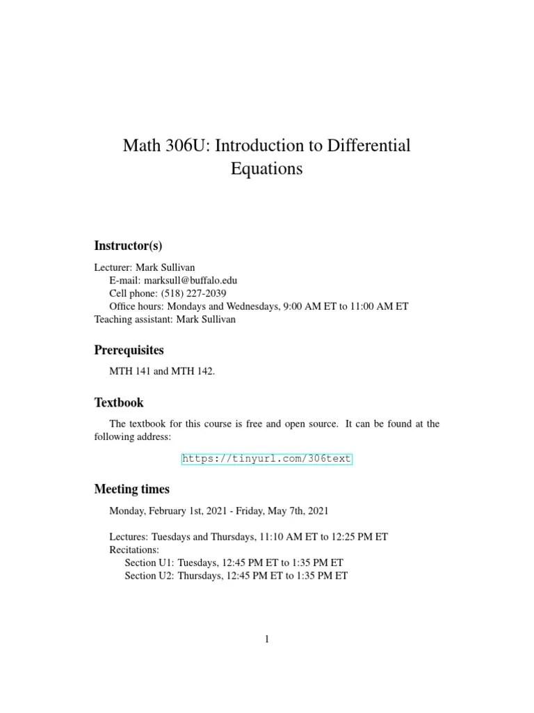 Introduction to Differential Equations Syllabus for Math 306U PDF