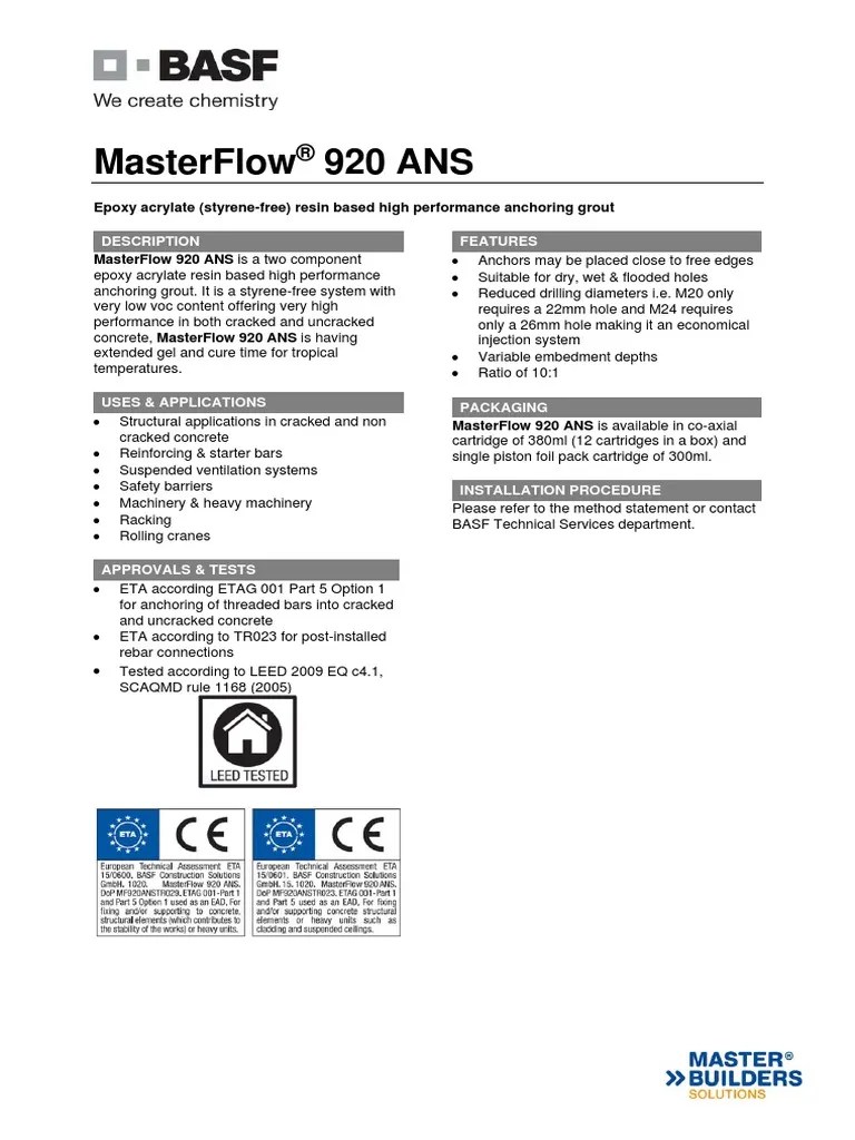 Masterflow 920 Ans Epoxy Acrylate (StyreneFree) Resin Based High