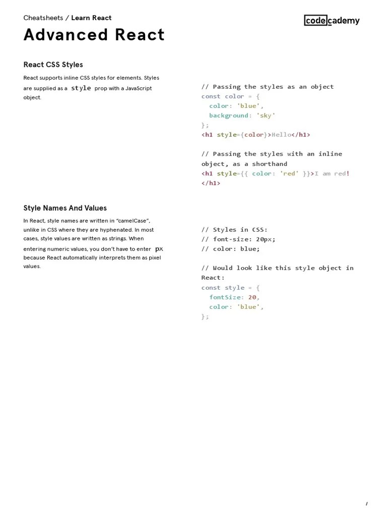 Learn React Advanced React Cheatsheet Codecademy PDF Systems
