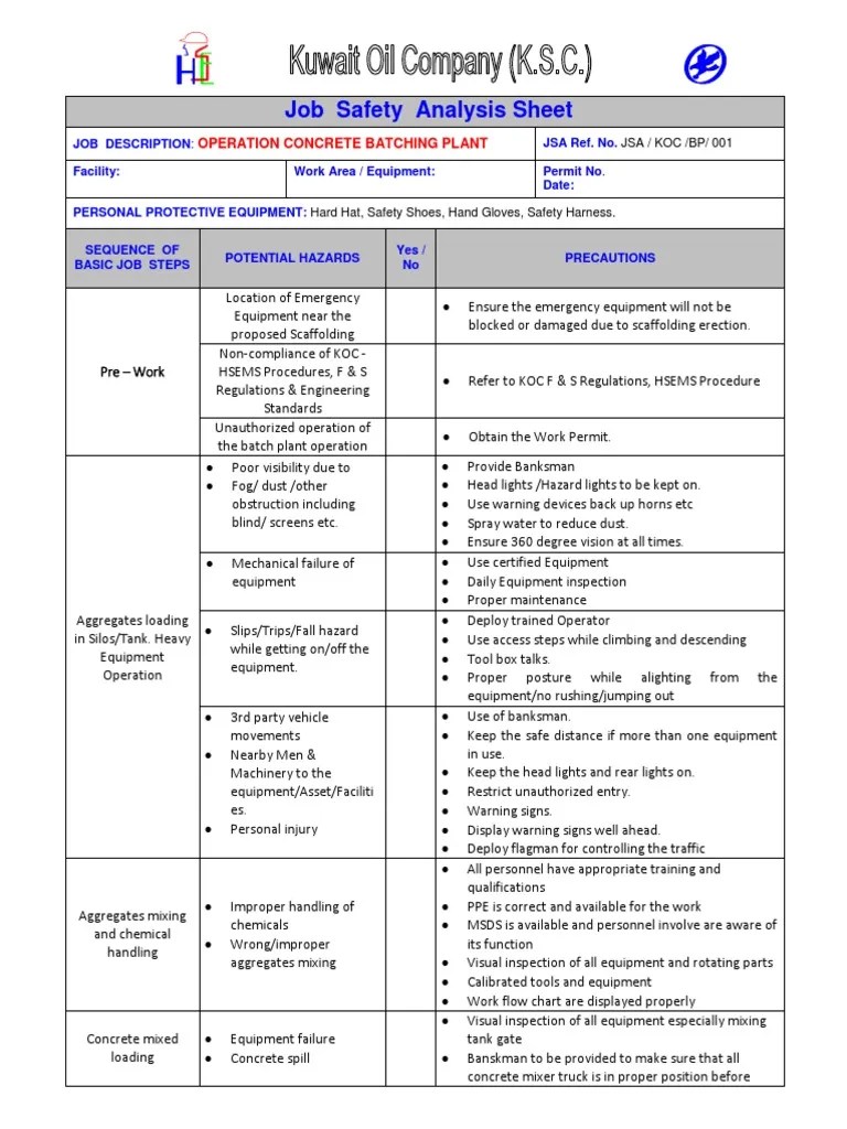 Job Safety Analysis Sheet Operation Concrete Batching Plant PDF