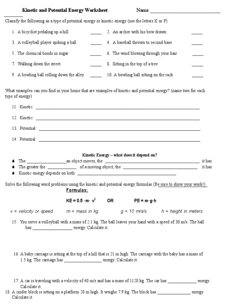 Kinetic and Potential Energy Worksheet | PDF | Kinetic Energy