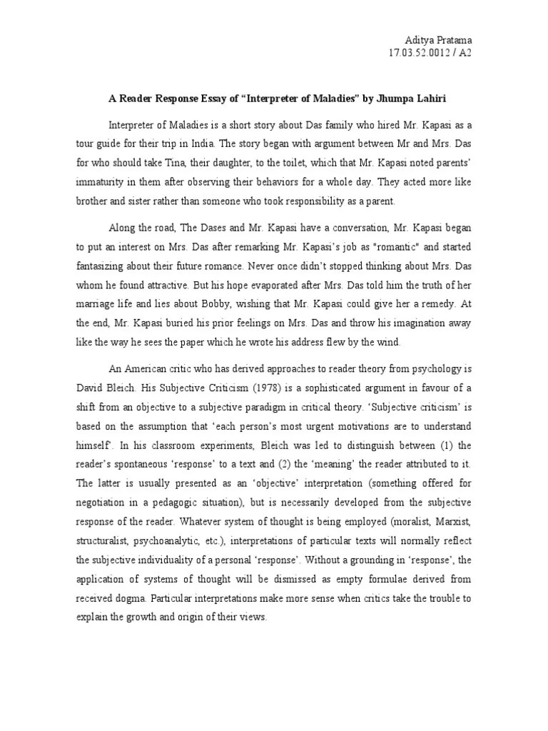 A Reader Response Essay of "Interpreter of Maladies" by Jhumpa Lahiri