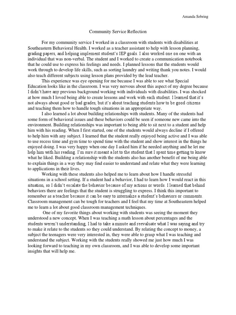 Community Service Reflection PDF Classroom Management Teachers
