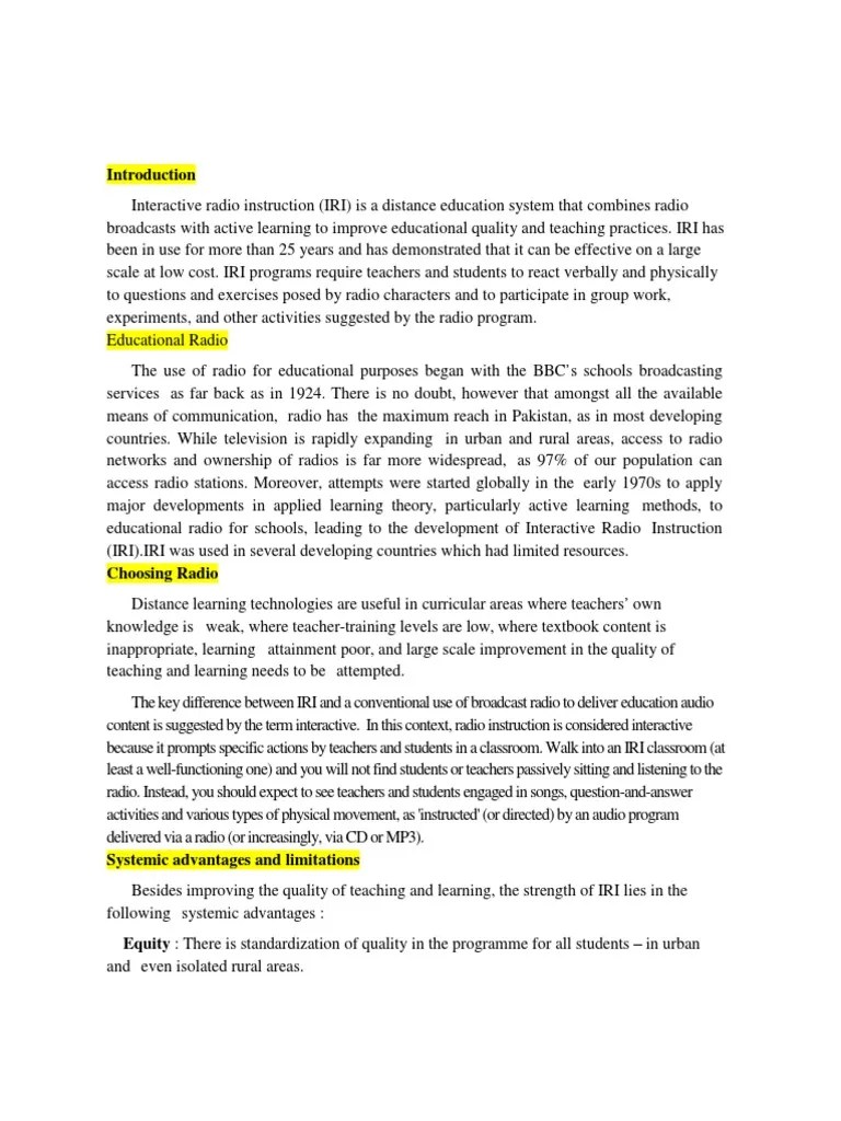 IRI in Education PDF Distance Education Teachers