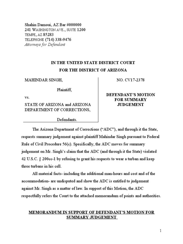 Sample Motion For Summary Judgement PDF Summary Judgment Burden