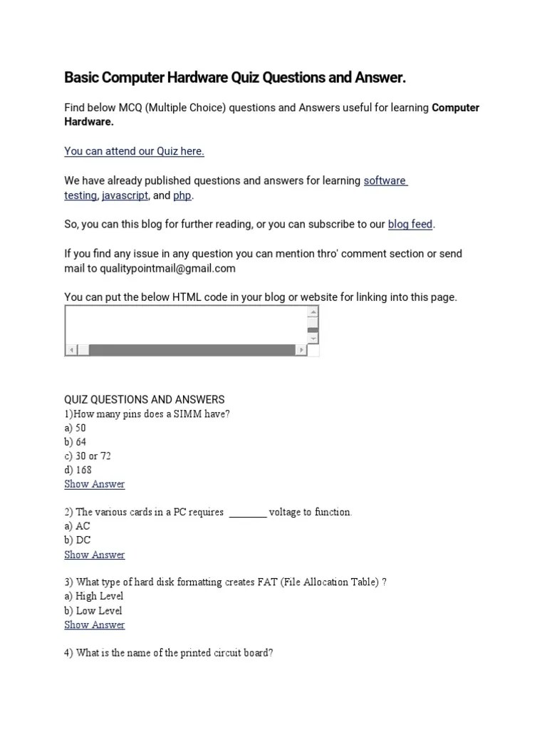 Basic Computer Hardware Quiz Questions and Answer PDF Hard Disk