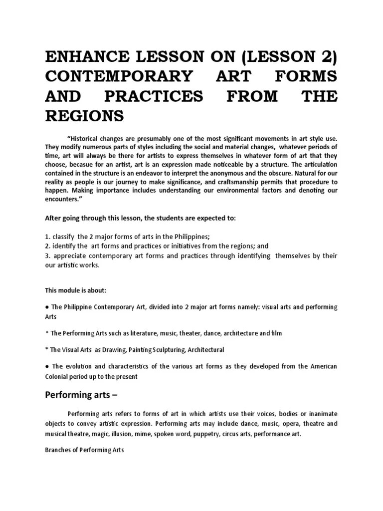 Enhance Lesson On (Lesson 2) Contemporary Art Forms and Practices From The Regions PDF