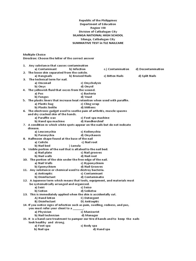 Summative Test in TLE Nailcare: Multiple Choice Questions on Nail