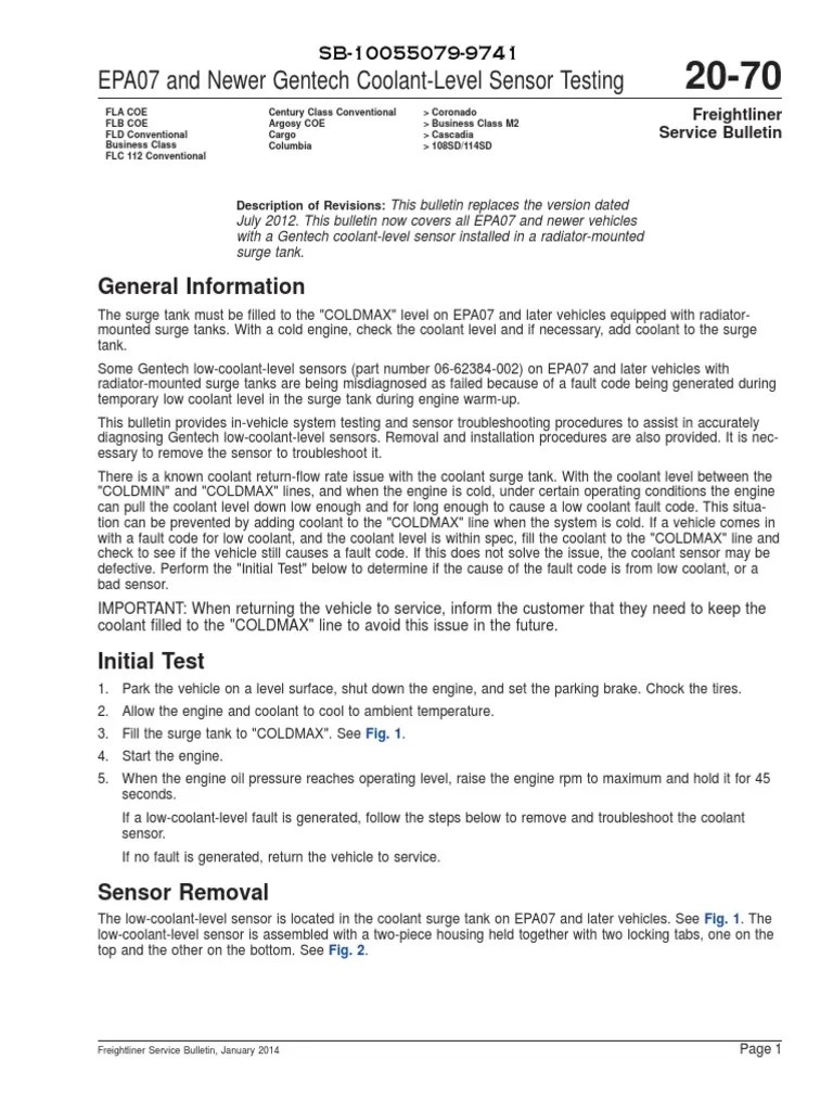 EPA07 and Newer Gentech CoolantLevel Sensor Testing General