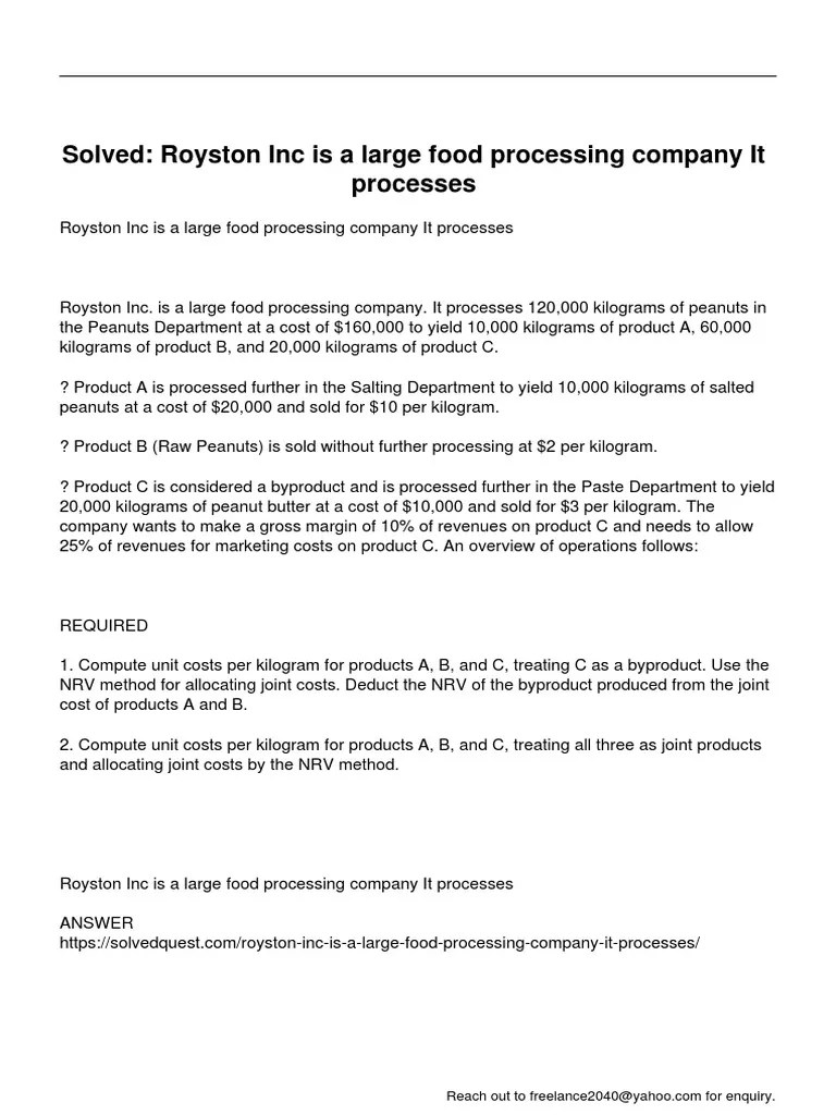 Royston Inc Is A Large Food Processing Company It Processes PDF