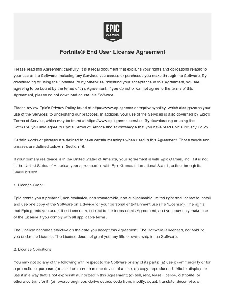 Fortnite® End User License Agreement PDF Indemnity License