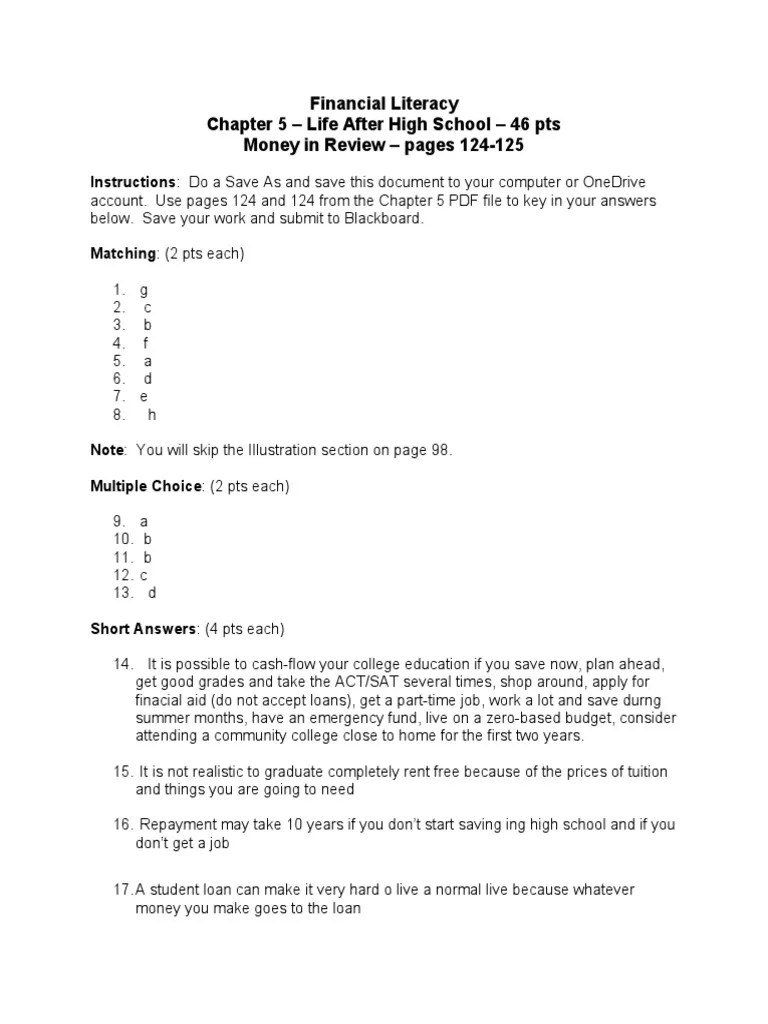 Financial Literacy Chapter 5 Life After High School 46 Pts Money in