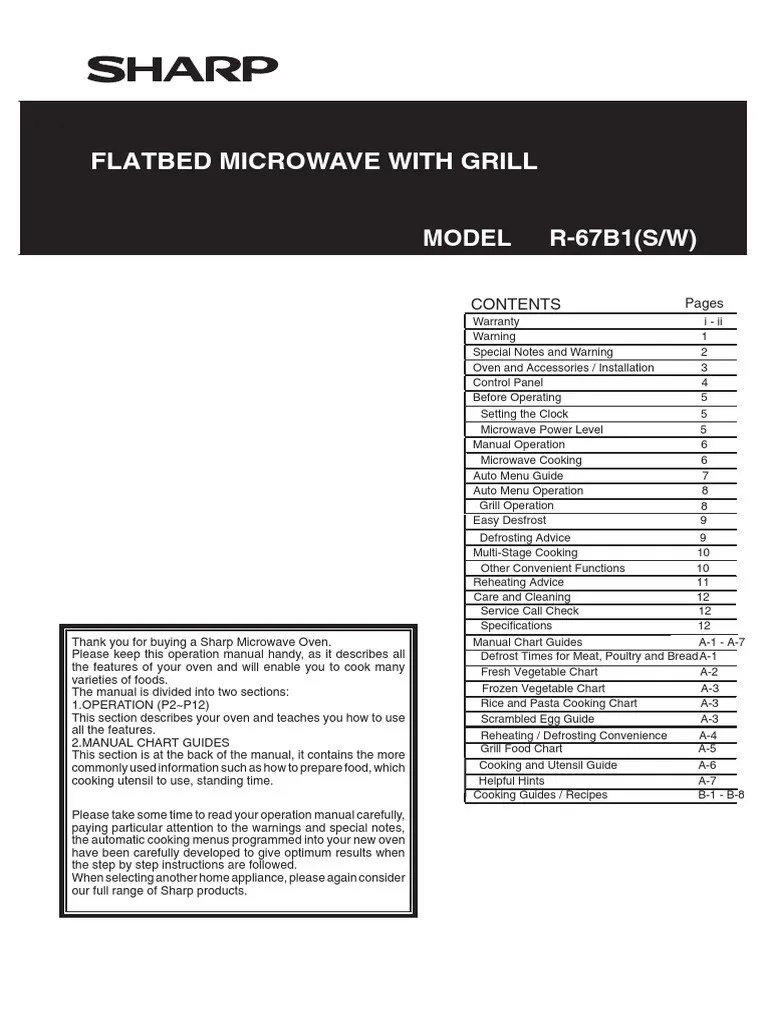 Flatbed Microwave With Grill Operation Manual and Cooking Guide PDF