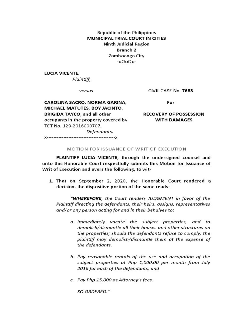 Motion For Issaunce of Writ of Execution PDF Judgment (Law