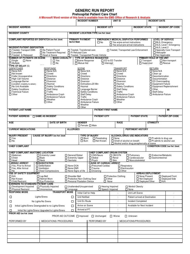 SampleEms Generic Run Report Form PDF Emergency Medical Services